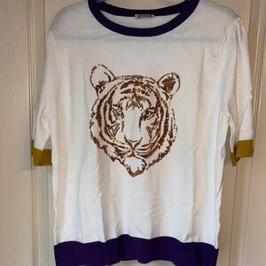 Womens White Tiger Graphic tee (LSU) with purple and gold banding on the sleeves
